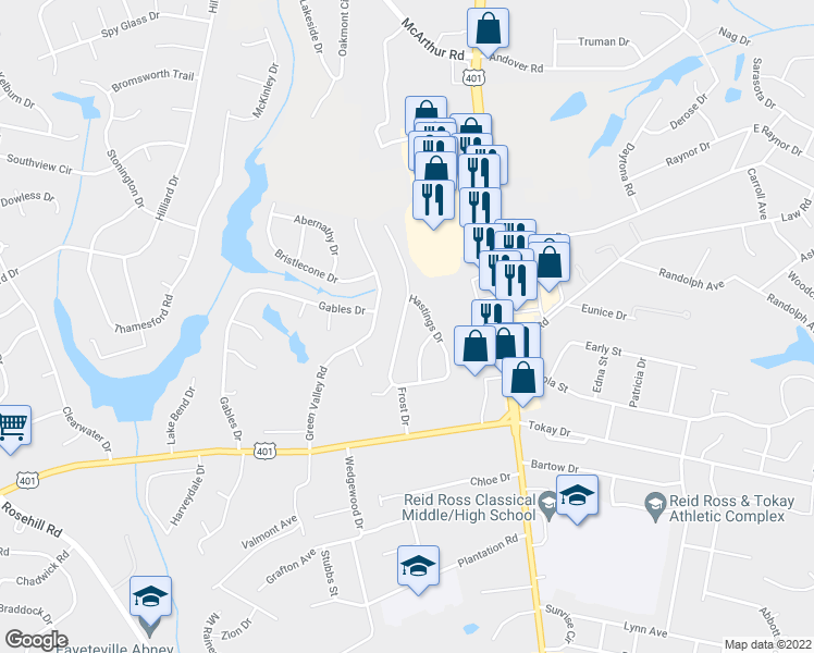map of restaurants, bars, coffee shops, grocery stores, and more near 3572 Hastings Drive in Fayetteville