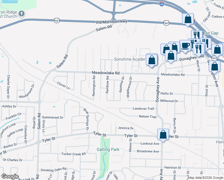 map of restaurants, bars, coffee shops, grocery stores, and more near 2240 Rainwood Avenue in Conway