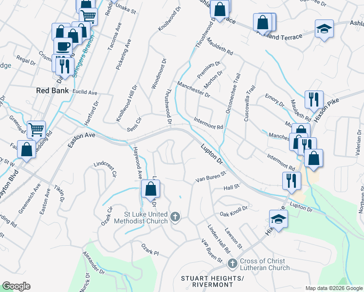 map of restaurants, bars, coffee shops, grocery stores, and more near 532 Lupton Drive in Chattanooga