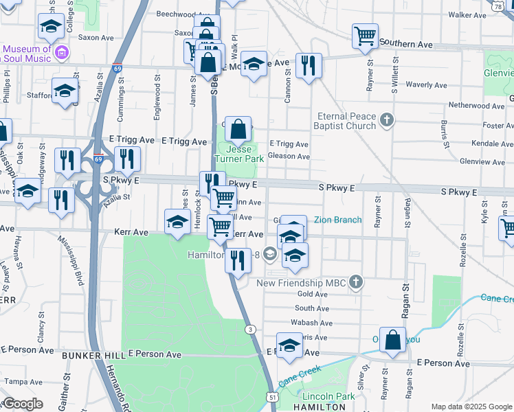 map of restaurants, bars, coffee shops, grocery stores, and more near 1292 Quinn Avenue in Memphis