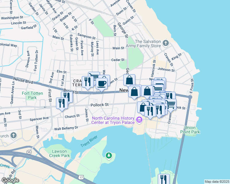 map of restaurants, bars, coffee shops, grocery stores, and more near Broad Street in New Bern