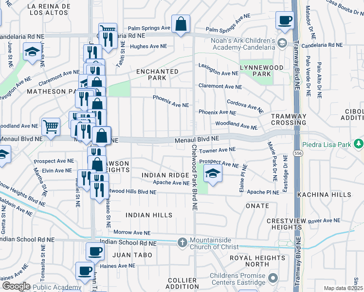 map of restaurants, bars, coffee shops, grocery stores, and more near 11937 Menaul Boulevard Northeast in Albuquerque