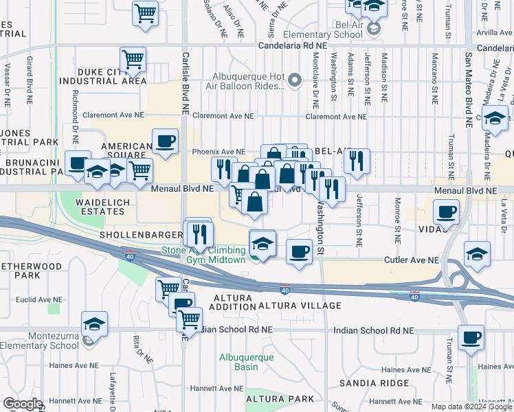 map of restaurants, bars, coffee shops, grocery stores, and more near 4004 Menaul Boulevard Northeast in Albuquerque