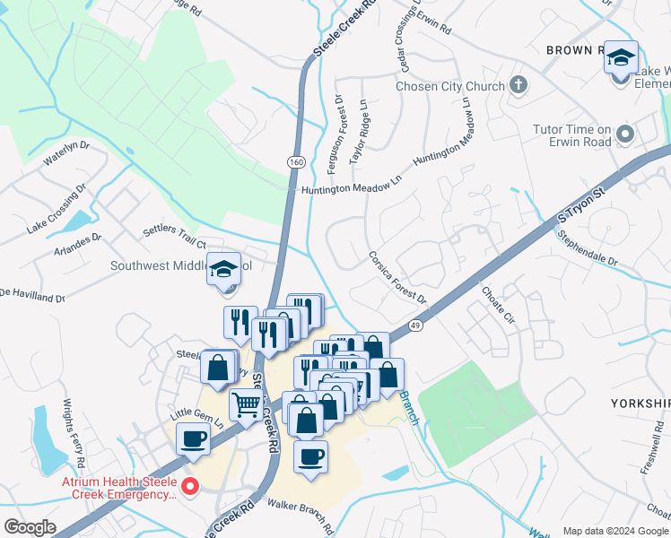 map of restaurants, bars, coffee shops, grocery stores, and more near 14931 Aven Creek Court in Charlotte