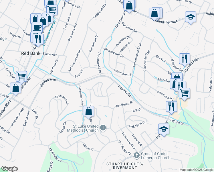 map of restaurants, bars, coffee shops, grocery stores, and more near 532 Lupton Drive in Chattanooga