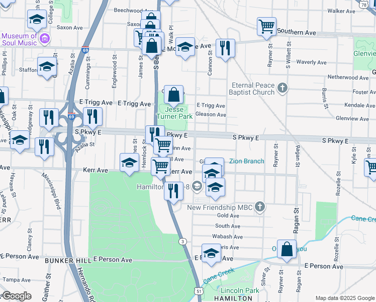 map of restaurants, bars, coffee shops, grocery stores, and more near 1292 Quinn Avenue in Memphis