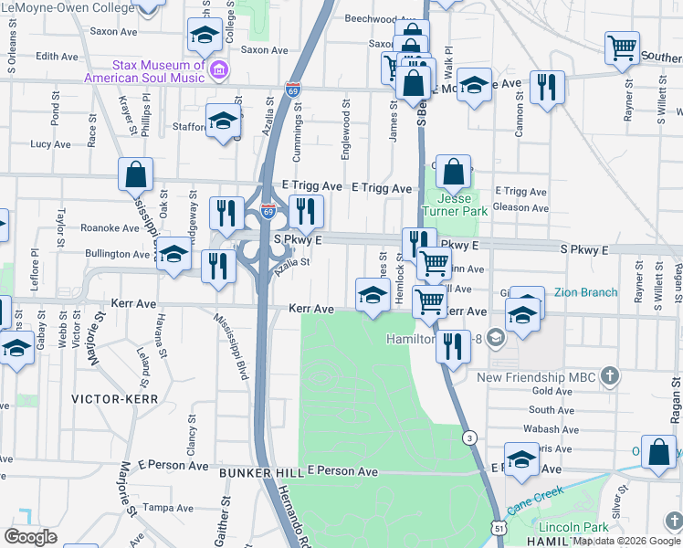 map of restaurants, bars, coffee shops, grocery stores, and more near 1375 Woodward Street in Memphis