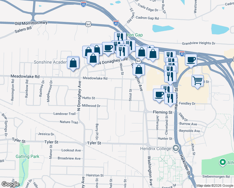 map of restaurants, bars, coffee shops, grocery stores, and more near 1 Susan Lane in Conway