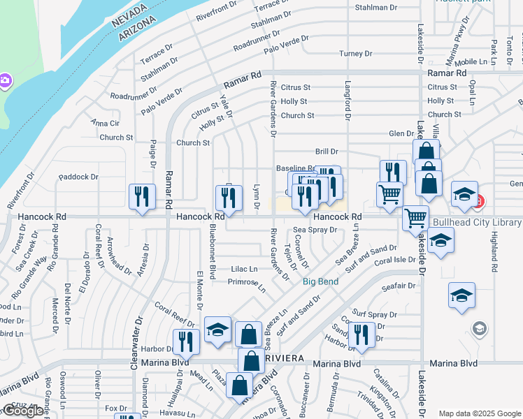 map of restaurants, bars, coffee shops, grocery stores, and more near 1715 River Gardens Drive in Bullhead City