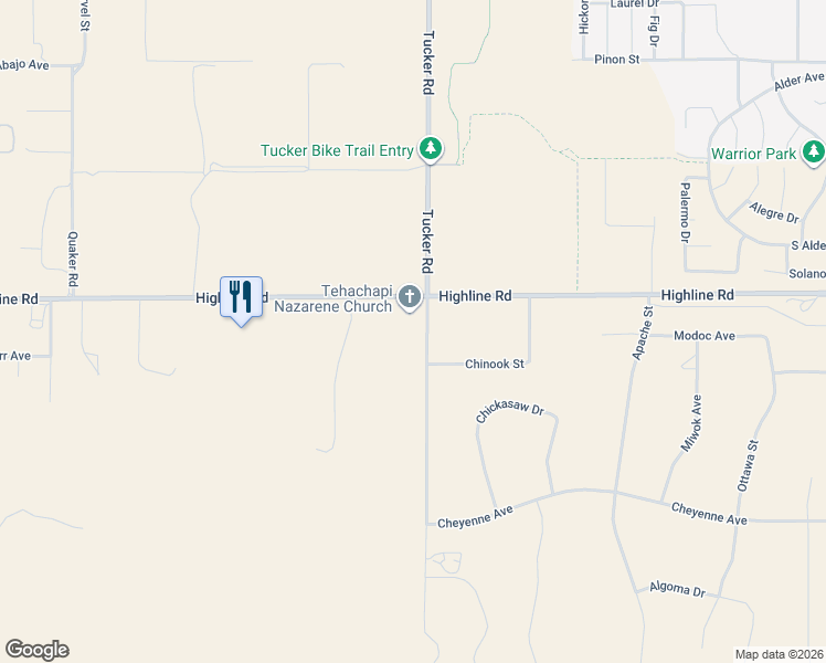 map of restaurants, bars, coffee shops, grocery stores, and more near 19302 Highline Road in Tehachapi