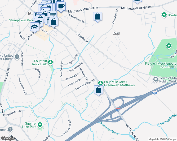 map of restaurants, bars, coffee shops, grocery stores, and more near 900 East John Street in Matthews