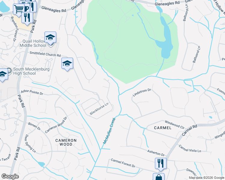 map of restaurants, bars, coffee shops, grocery stores, and more near 9431 Heydon Hall Circle in Charlotte