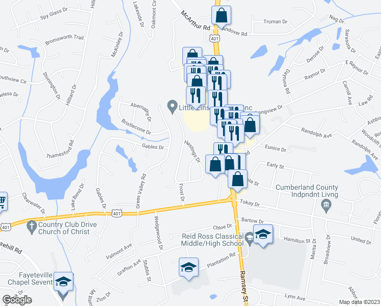 map of restaurants, bars, coffee shops, grocery stores, and more near 3428 Hastings Drive in Fayetteville