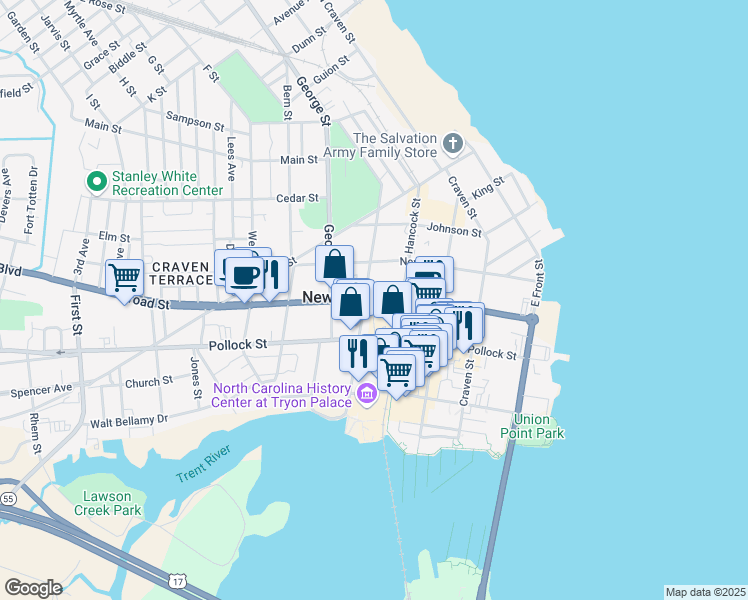 map of restaurants, bars, coffee shops, grocery stores, and more near 513 Broad Street in New Bern