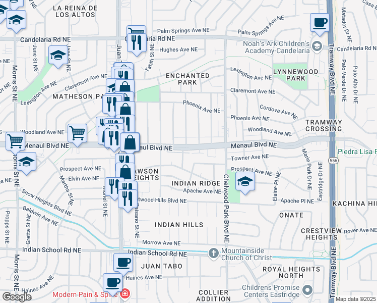 map of restaurants, bars, coffee shops, grocery stores, and more near 11819 Menaul Boulevard Northeast in Albuquerque