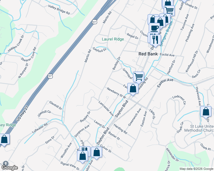 map of restaurants, bars, coffee shops, grocery stores, and more near 3207 Berkley Drive in Chattanooga