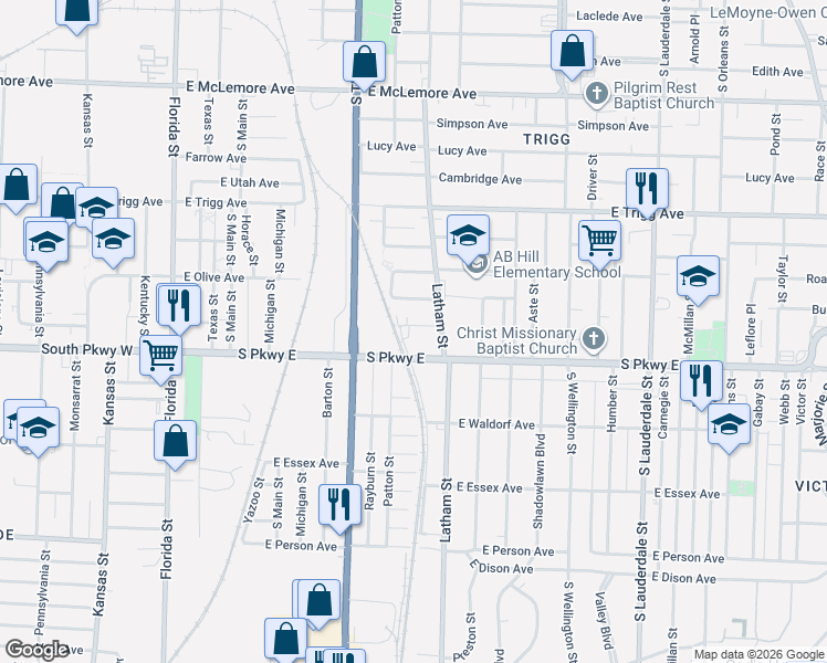 map of restaurants, bars, coffee shops, grocery stores, and more near 296 Bond Avenue in Memphis