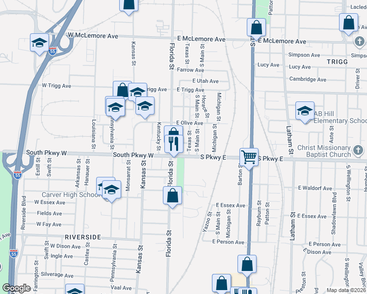 map of restaurants, bars, coffee shops, grocery stores, and more near 1409 Adelaide Street in Memphis