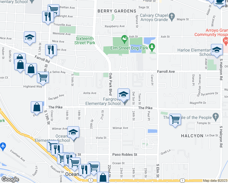 map of restaurants, bars, coffee shops, grocery stores, and more near 1201 Driftwood Street in Grover Beach