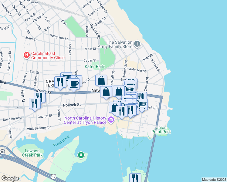 map of restaurants, bars, coffee shops, grocery stores, and more near 513 Broad St in New Bern