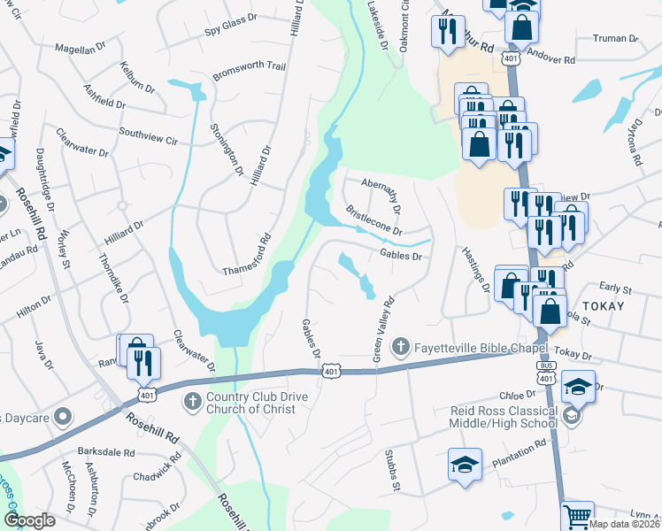 map of restaurants, bars, coffee shops, grocery stores, and more near 3505 Gables Drive in Fayetteville
