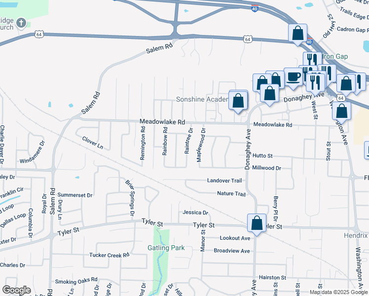 map of restaurants, bars, coffee shops, grocery stores, and more near 2215 Raintree Drive in Conway