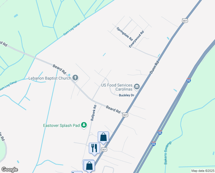 map of restaurants, bars, coffee shops, grocery stores, and more near 3495 Beard Rd in Eastover