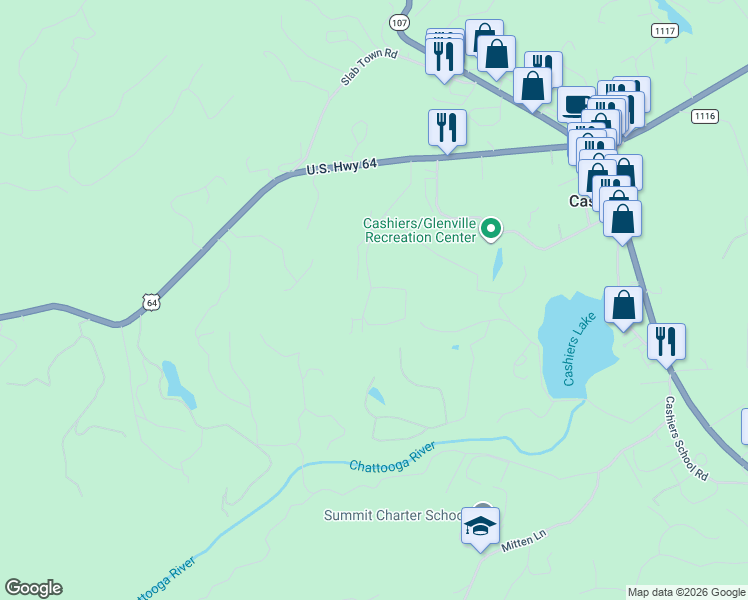 map of restaurants, bars, coffee shops, grocery stores, and more near 11 Asbury Woods in Cashiers