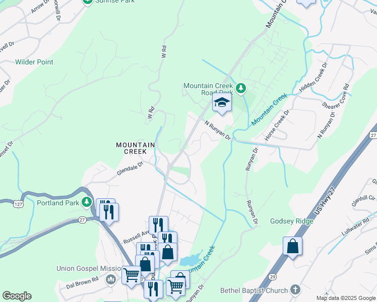 map of restaurants, bars, coffee shops, grocery stores, and more near 966 Mountain Creek Road in Chattanooga