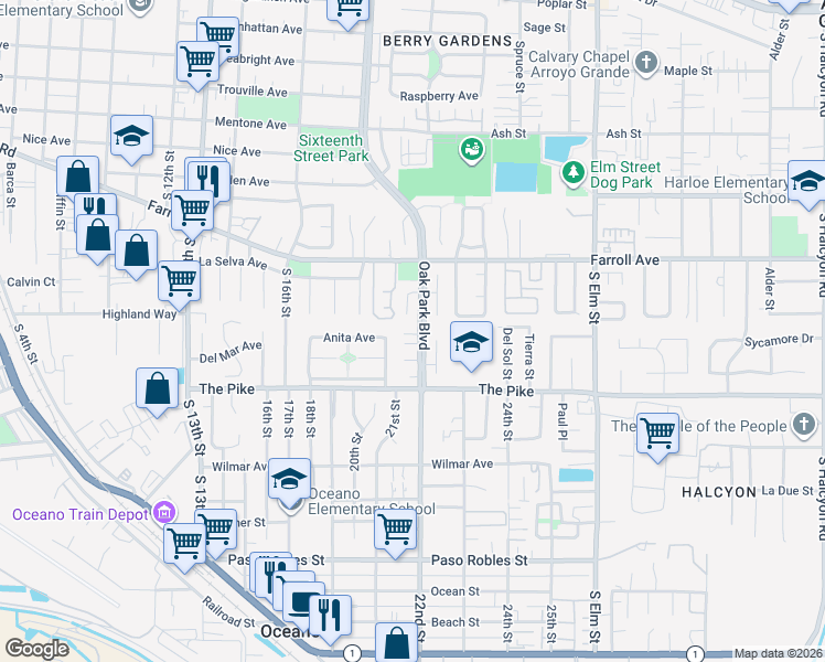 map of restaurants, bars, coffee shops, grocery stores, and more near 1955 Capistrano Court in Grover Beach