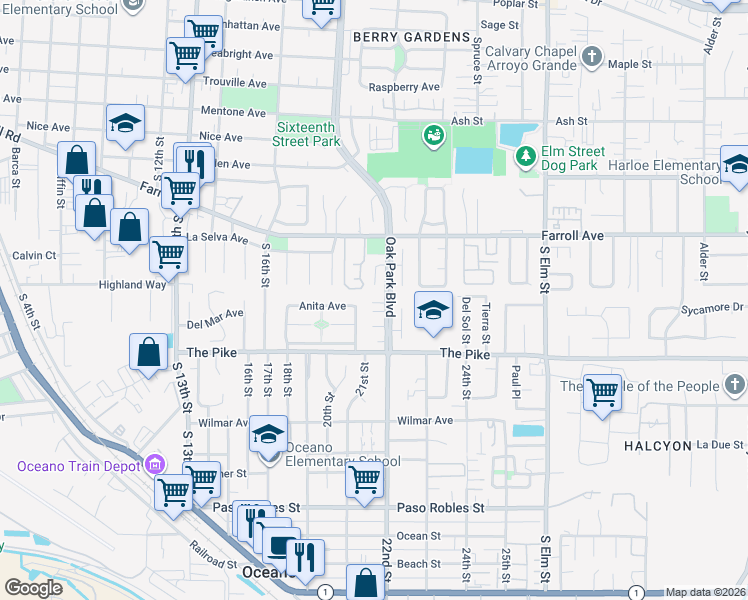 map of restaurants, bars, coffee shops, grocery stores, and more near 1935 Capistrano Court in Grover Beach