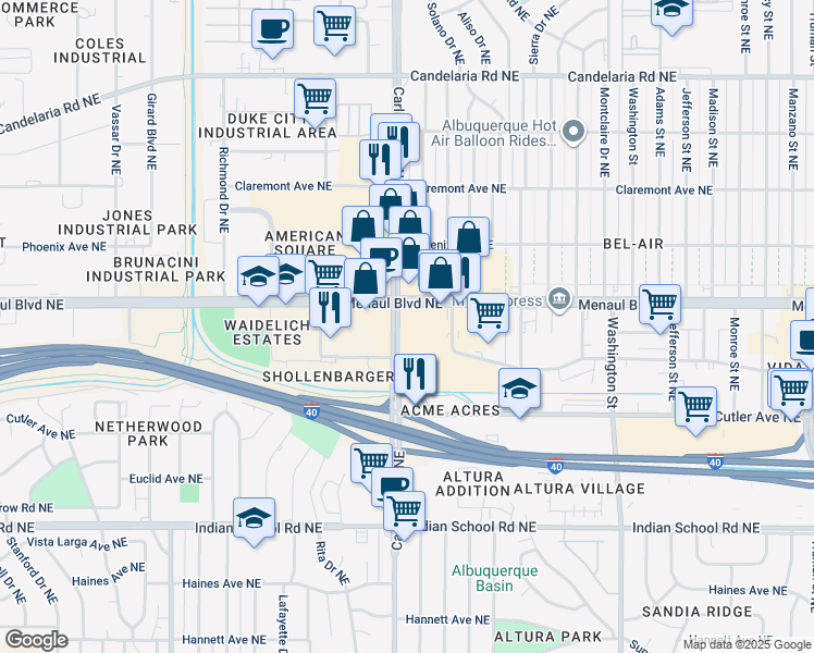 map of restaurants, bars, coffee shops, grocery stores, and more near in Albuquerque