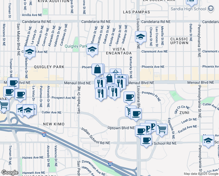 map of restaurants, bars, coffee shops, grocery stores, and more near 6464 Menaul Boulevard Northeast in Albuquerque