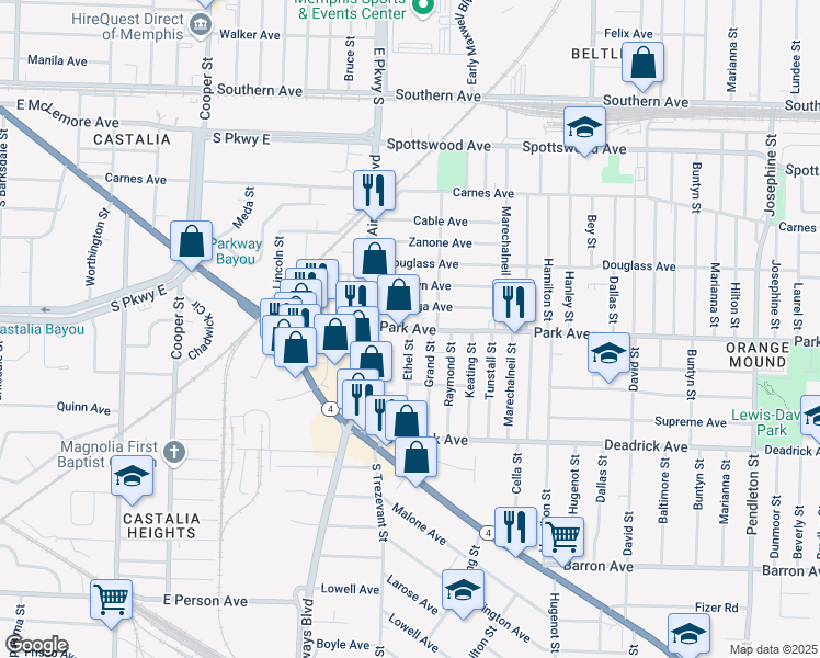 map of restaurants, bars, coffee shops, grocery stores, and more near 807 Ethel Street in Memphis