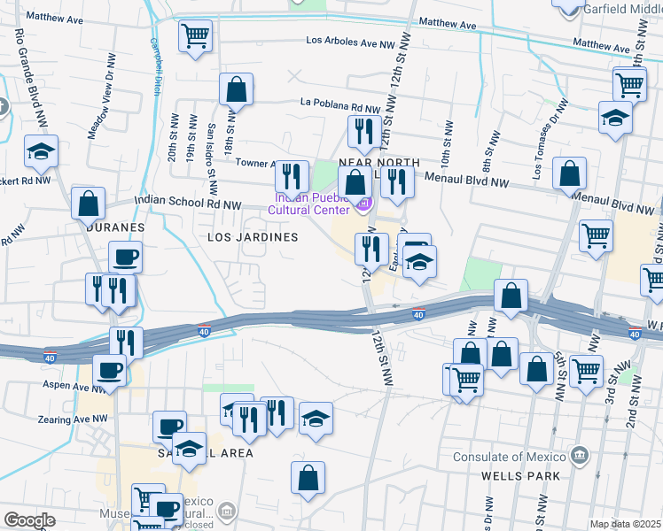 map of restaurants, bars, coffee shops, grocery stores, and more near 2001 12th Street Northwest in Albuquerque