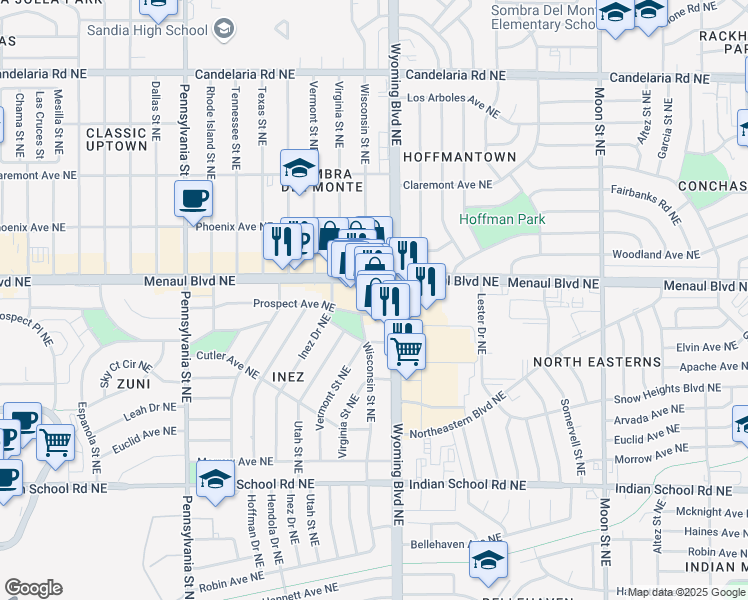 map of restaurants, bars, coffee shops, grocery stores, and more near 8246 Menaul Boulevard Northeast in Albuquerque