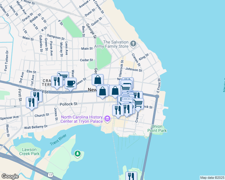 map of restaurants, bars, coffee shops, grocery stores, and more near in New Bern