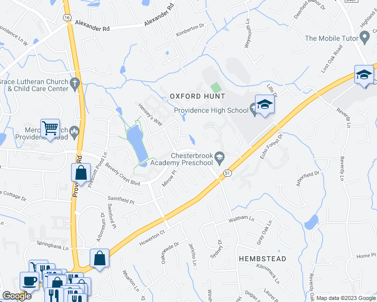 map of restaurants, bars, coffee shops, grocery stores, and more near Beverly Crest Blvd & Shannopin Dr in Charlotte