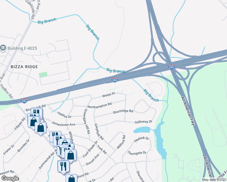 map of restaurants, bars, coffee shops, grocery stores, and more near 625 Welsh Place in Fayetteville