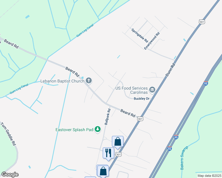 map of restaurants, bars, coffee shops, grocery stores, and more near 3495 Beard Road in Eastover
