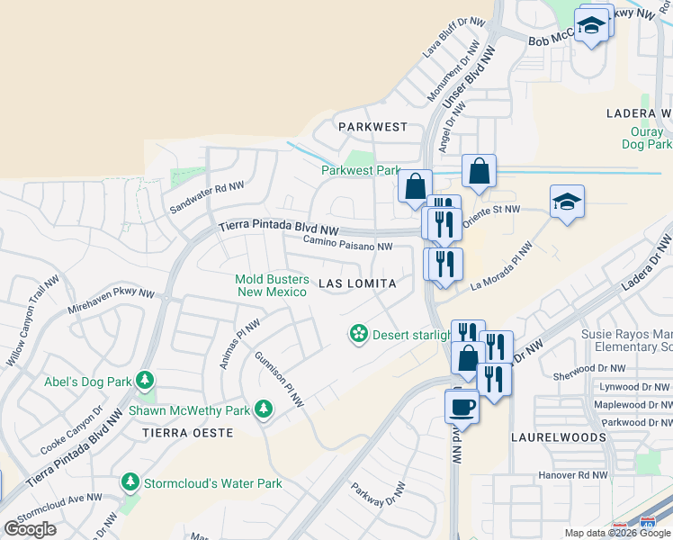 map of restaurants, bars, coffee shops, grocery stores, and more near 8205 Calle Ensueno Northwest in Albuquerque