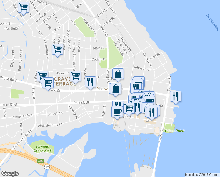 map of restaurants, bars, coffee shops, grocery stores, and more near in New Bern