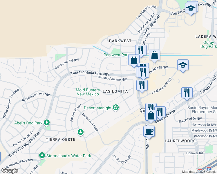 map of restaurants, bars, coffee shops, grocery stores, and more near 8205 Calle Ensueno Northwest in Albuquerque