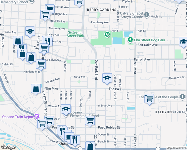 map of restaurants, bars, coffee shops, grocery stores, and more near 1955 Capistrano Court in Grover Beach