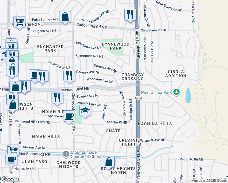 map of restaurants, bars, coffee shops, grocery stores, and more near 12229 Menaul Boulevard Northeast in Albuquerque