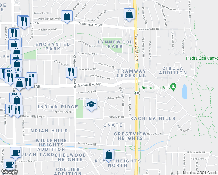 map of restaurants, bars, coffee shops, grocery stores, and more near 12229 Menaul Boulevard Northeast in Albuquerque