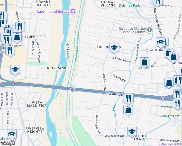 map of restaurants, bars, coffee shops, grocery stores, and more near 3240 Duranes Road Northwest in Albuquerque