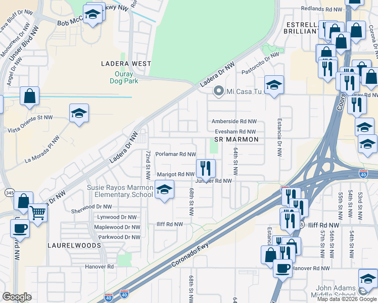map of restaurants, bars, coffee shops, grocery stores, and more near 2216 68th Street Northwest in Albuquerque