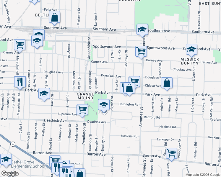 map of restaurants, bars, coffee shops, grocery stores, and more near 845 Inez Street in Memphis