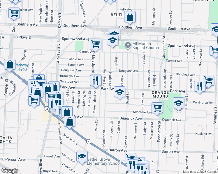 map of restaurants, bars, coffee shops, grocery stores, and more near 848 Hamilton Street in Memphis
